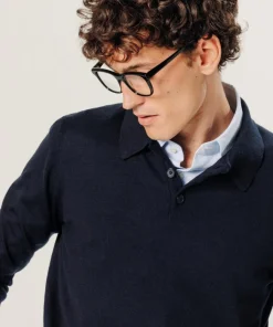 Pull Gilbert 100% laine col polo bleu nuit