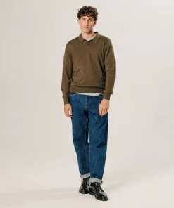 Pull Gérard 100% laine col polo marron écorce