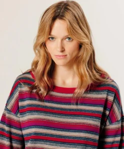 Pull Joy 100% laine col bateau rayé rose fuchsia