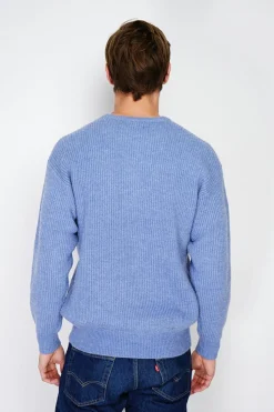 Pull large en Cachemire mélangé ras du cou à côtes bleu jeans