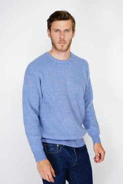 Pull large en Cachemire mélangé ras du cou à côtes bleu jeans