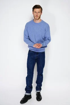Pull large en Cachemire mélangé ras du cou à côtes bleu jeans