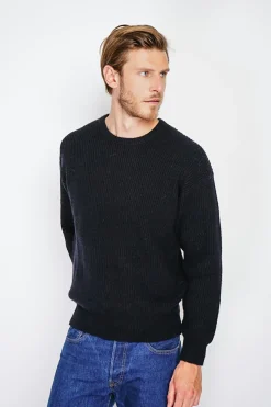 Pull large en Cachemire mélangé ras du cou à côtes noir