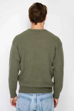 Pull large en Cachemire mélangé ras du cou à côtes kaki