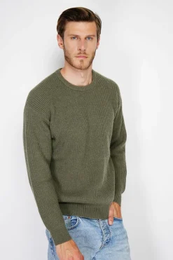 Pull large en Cachemire mélangé ras du cou à côtes kaki