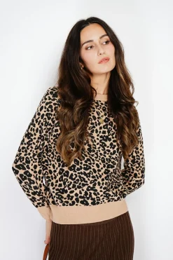 Pull large en Cachemire mélangé col rond léopard camel/marron