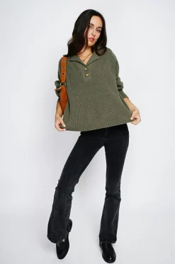 Pull large en Cachemire mélangé col polo kaki