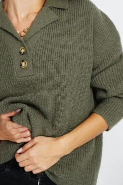 Pull large en Cachemire mélangé col polo kaki