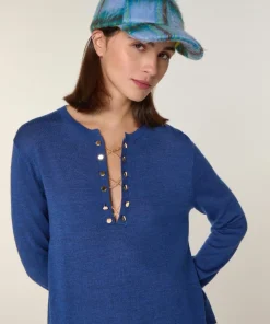 Pull Laury-Anne 100% Laine chaine col V bleu saphir