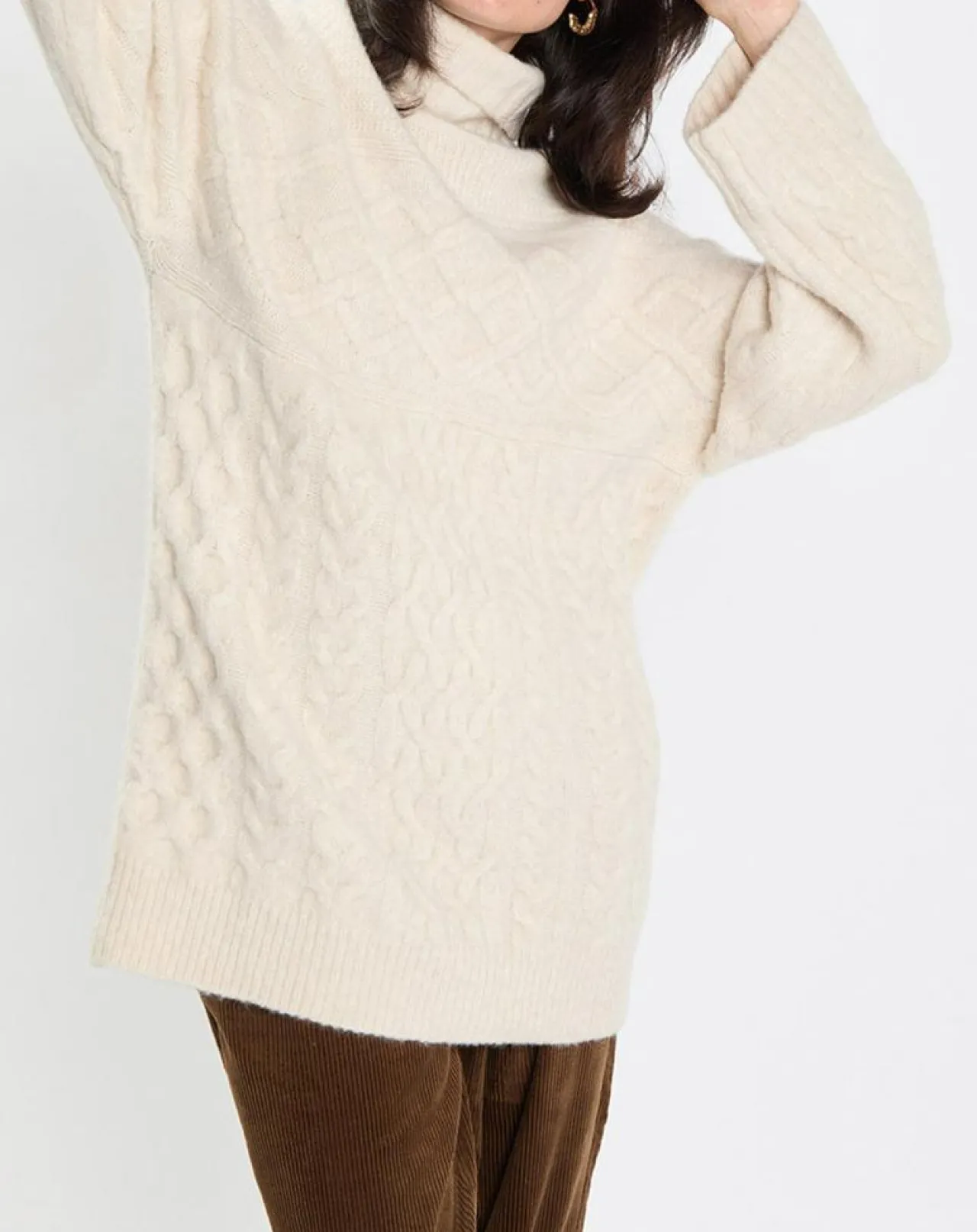 Pull long en Laine mélangée torsades écru