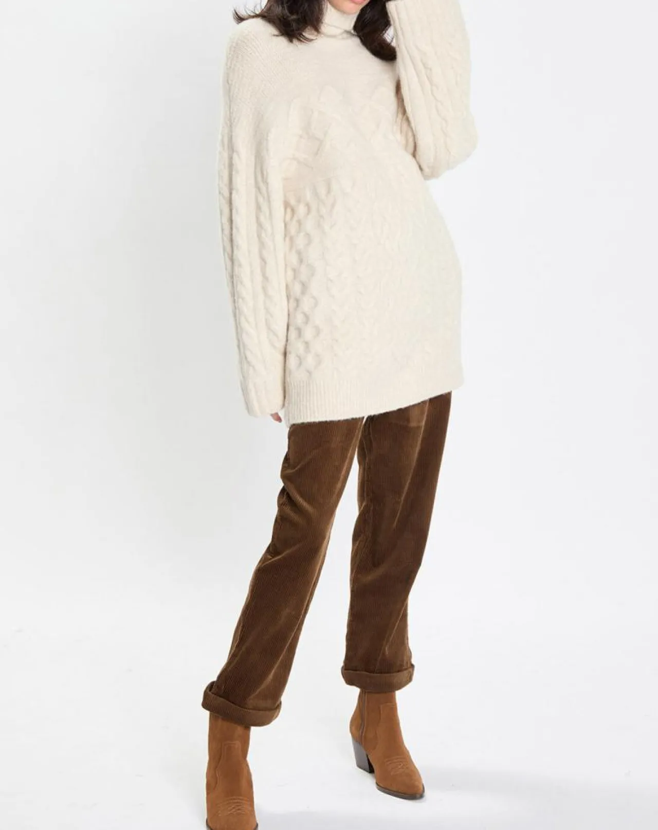 Pull long en Laine mélangée torsades écru