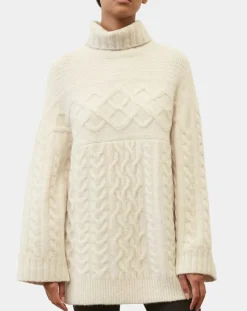 Pull long en Laine mélangée torsades écru