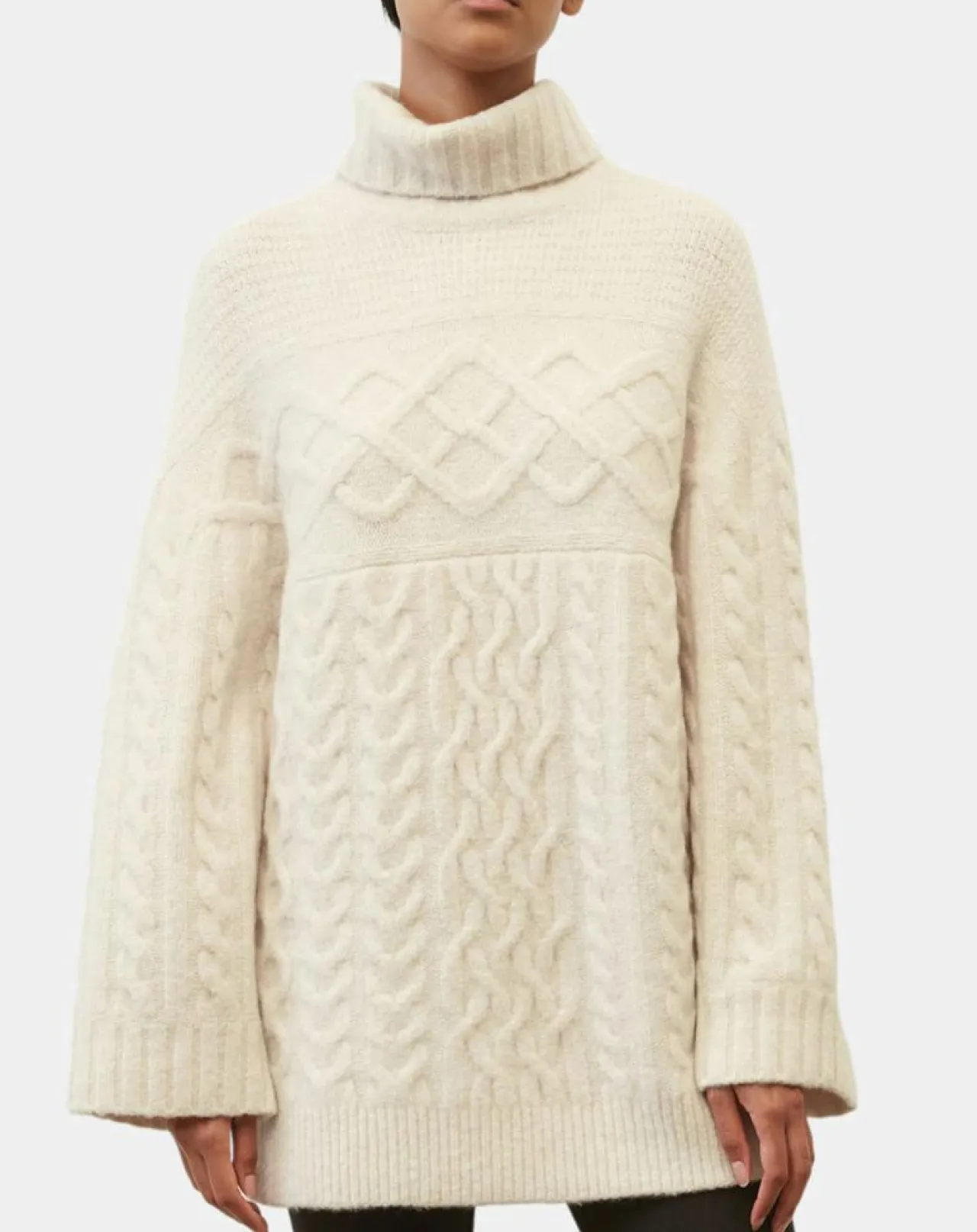 Pull long en Laine mélangée torsades écru