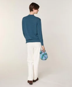 Pull Marie-Angèle 100% laine col montant Cotelé bleu denim