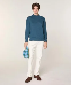 Pull Marie-Angèle 100% laine col montant Cotelé bleu denim