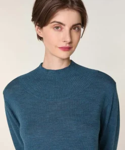 Pull Marie-Angèle 100% laine col montant Cotelé bleu denim