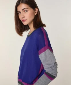 Pull Nattie 100% laine col rond géométrique bleu outremer