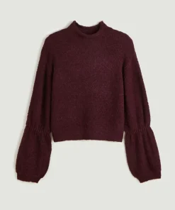 Pull Plume col manches bouffantes rouge bordeaux