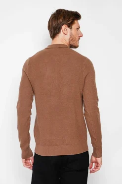 Pull polo demi zippé marron