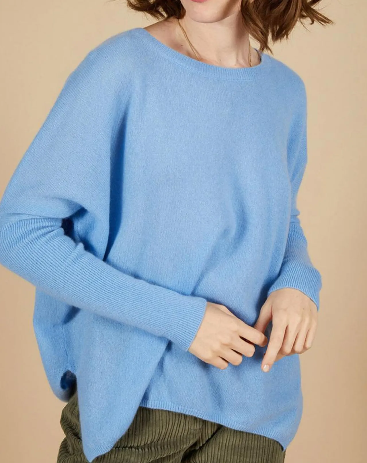 Pull poncho 100% Cachemire Alizée col rond bleu topaze