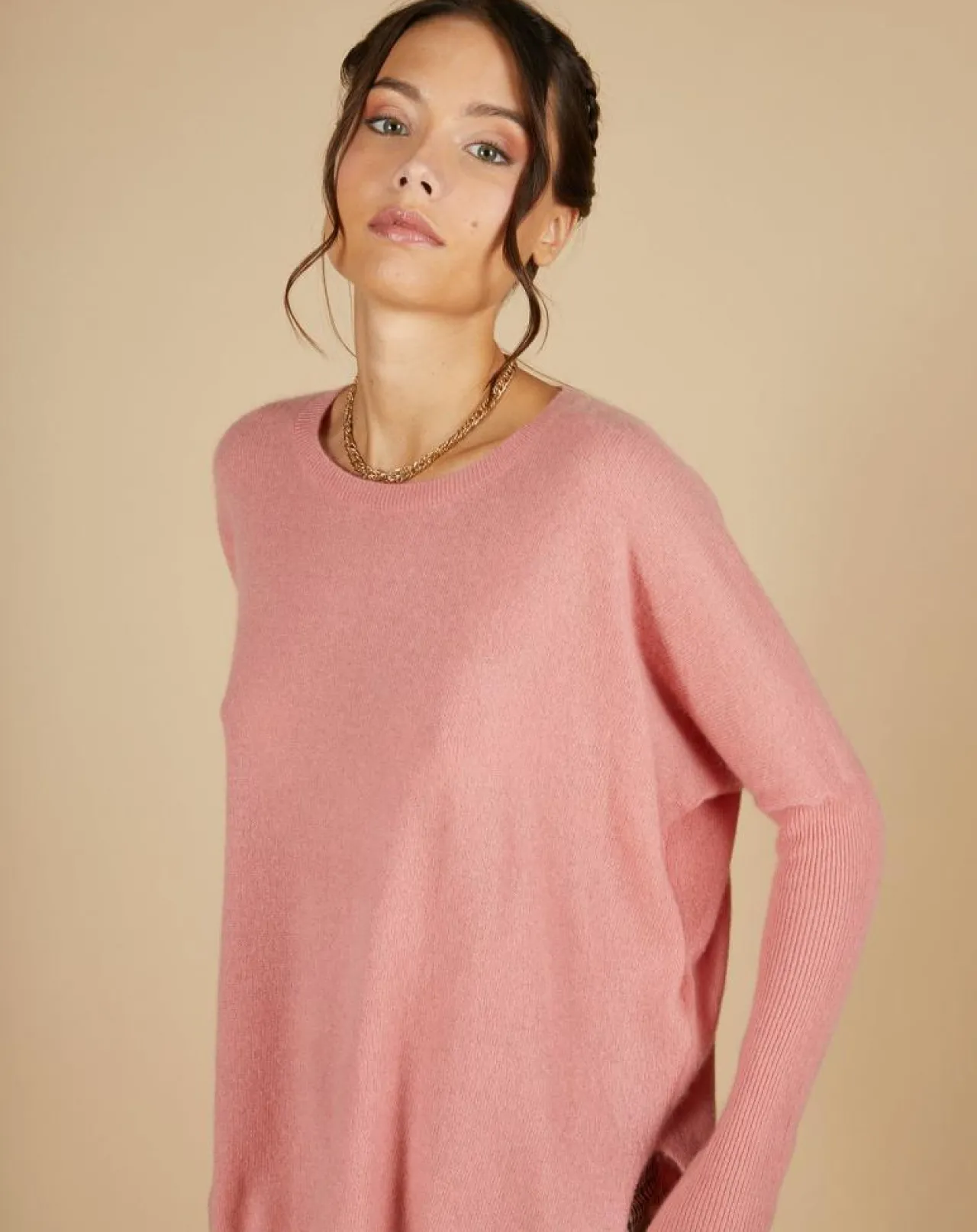 Pull poncho 100% Cachemire Alizée col rond bois de rose