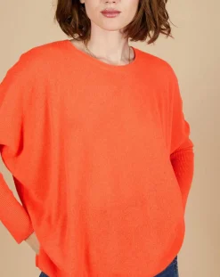 Pull poncho 100% Cachemire Alizée col rond corail fluo
