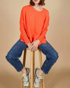 Pull poncho 100% Cachemire Alizée col rond corail fluo
