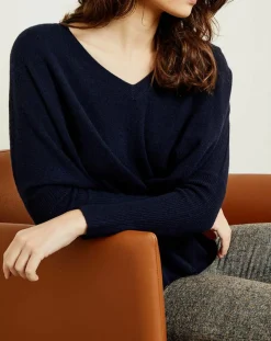 Pull poncho 100% Cachemire Axelle Col V bleu marine