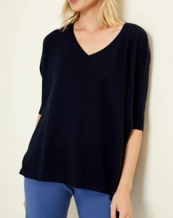 Pull poncho 100% Cachemire col V Sevilla bleu marine
