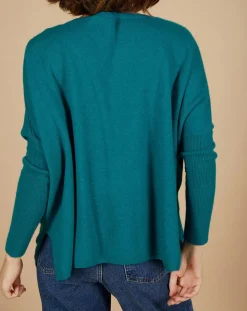 Pull poncho 100% Cachemire Emma col V bleu paon