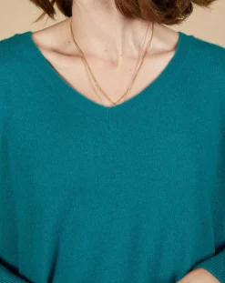 Pull poncho 100% Cachemire Emma col V bleu paon