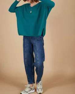 Pull poncho 100% Cachemire Emma col V bleu paon