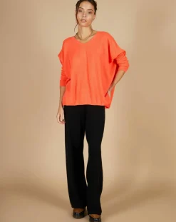 Pull poncho 100% Cachemire Emma col V corail fluo