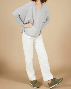 Pull poncho 100% Cachemire Emma col V gris chiné clair