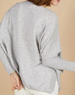 Pull poncho 100% Cachemire Emma col V gris chiné clair