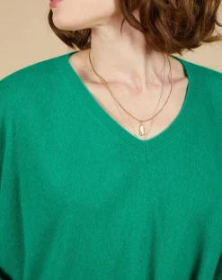 Pull poncho 100% Cachemire Emma col V vert impérial