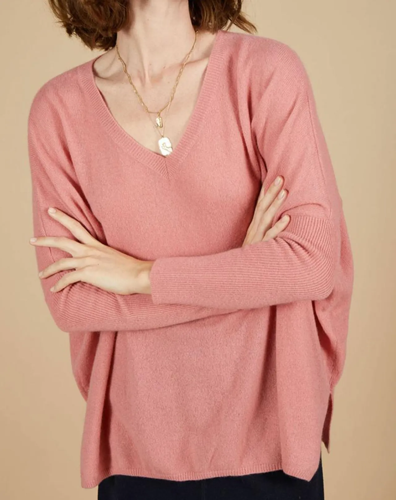 Pull poncho 100% Cachemire Emma col V bois de rose