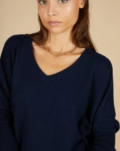 Pull poncho 100% Cachemire Emma col V bleu marine