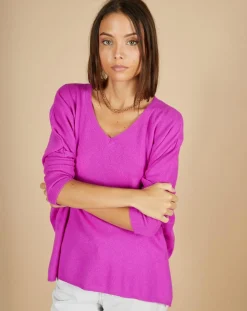 Pull poncho 100% Cachemire Emma col V violet fluo