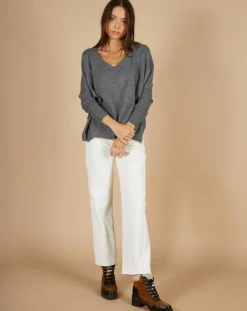 Pull poncho 100% Cachemire Emma col V gris chiné foncé