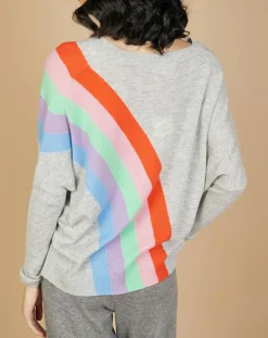 Pull poncho 100% Cachemire Intarsia Soleil col V gris chiné clair