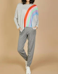 Pull poncho 100% Cachemire Intarsia Soleil col V gris chiné clair