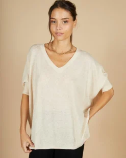 Pull poncho 100% Cachemire Kelly col V manches courtes beige chiné