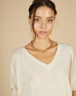 Pull poncho 100% Cachemire Kelly col V manches courtes beige chiné