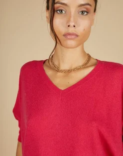 Pull poncho 100% Cachemire Kelly col V manches courtes fuschia