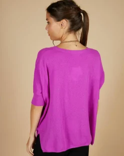 Pull poncho 100% Cachemire Kelly col V manches courtes violet fluo