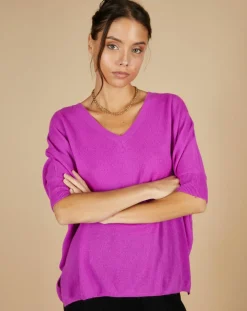 Pull poncho 100% Cachemire Kelly col V manches courtes violet fluo