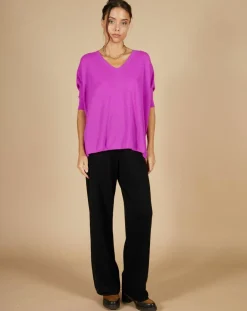 Pull poncho 100% Cachemire Kelly col V manches courtes violet fluo