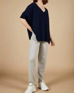 Pull poncho 100% Cachemire Kelly col V manches courtes bleu nuit