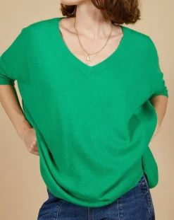 Pull poncho 100% Cachemire Kelly col V manches courtes émeraude